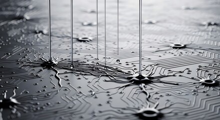 Neural network digital interface, Abstract Circuit Board with Liquid, High Tech Conceptual Design,
