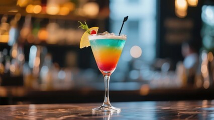 A rainbow-layered cocktail is placed at the bar, with fresh decorations, presenting a gorgeous drink texture and a fashionable bar aesthetic atmosphere.