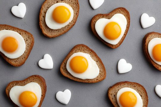 Heart-shaped bread slices topped with fried eggs and white heart-shaped decorations on gray background - Powered by Adobe