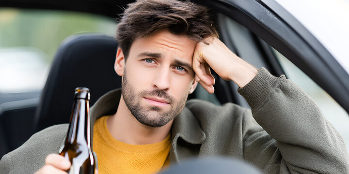 Young man with bottle sitting in car, looking thoughtful and contemplative in natural light