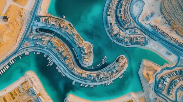 A stunning birds eye view captures the intricate layout of a marina surrounded by modern architecture, with water reflecting sunlight and boats docked along the shoreline.