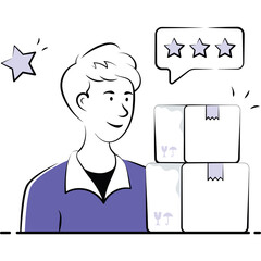Illustration of a satisfied person with three stars in a speech bubble and stacked delivery boxes against a white background with purple accents and sparkling stars