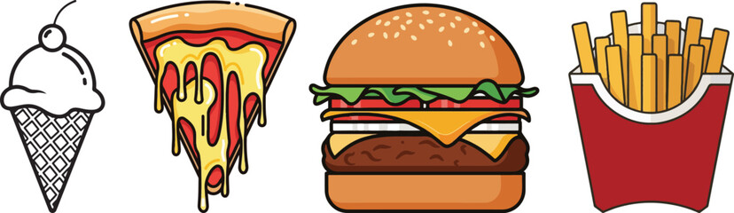 Colorful Flat Design Fast Food Icons Vector Illustration on White