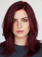A striking rear view of a woman with beautiful hair dyed a vibrant cherry color. The rich color has subtle highlights and lowlights, giving it depth and a glossy sheen. 