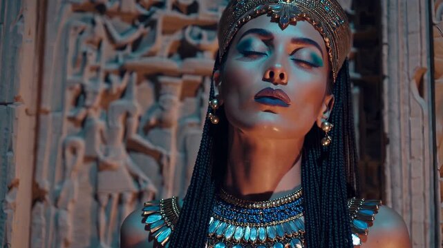 Regal woman stands before ancient temple. Queen portrait shows ornate headdress and jewelry. Cleopatra look evokes goddess and royal mystic power. Stone relief backdrop suggests ancient egyptian rite.