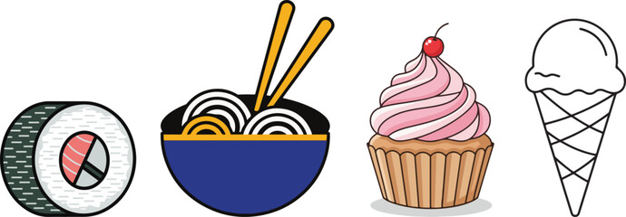Simple Colorful Food Icons: Sushi, Ramen, Cupcake, Ice Cream
