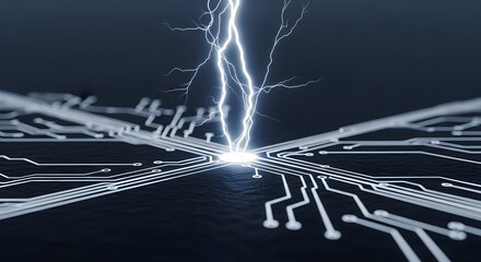 Neural network digital interface, Futuristic Circuit Board with Lightning Strike, High-Tech Digita