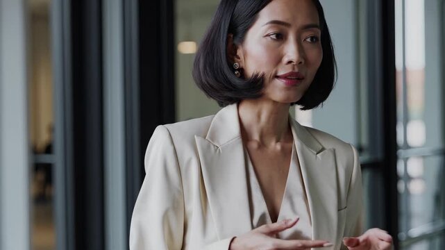 Businesswoman gazes aside in office. Corporate leader poses in portrait. Professional manager shows thoughtful smile. Executive in modern workplace conveys confidence. Businesswoman career leadership.
