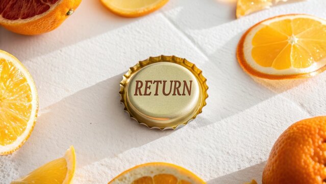 Bottle cap with return message next to orange slices