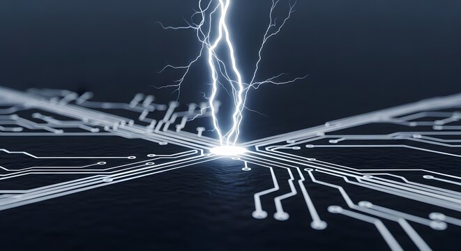 Neural network digital interface, Futuristic Circuit Board with Lightning Strike, High-Tech Digita - Powered by Adobe