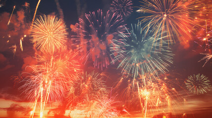 Vibrant fireworks display illuminating the night sky with explosions of color