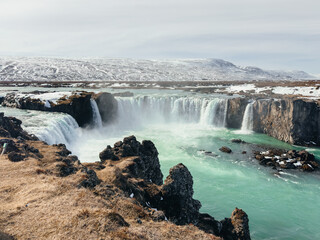 Landscape view of the Godafoss waterfall on the Skjálfandafljót river