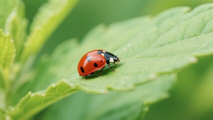 Fototapeta premium A ladybug perches on a green leaf, presenting a lively insect form and fresh natural aesthetics.