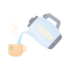 An electric kettle pours hot tea into a cup. Tea party. Illustrations of kitchen scenes.
