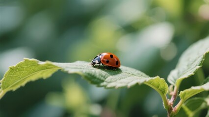 A ladybug perches on a green leaf, presenting a lively insect form and fresh natural aesthetics.