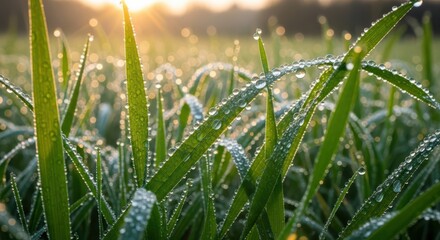 Closeup of dewy grass at sunrise