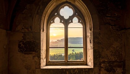 Ornate window frames a vibrant landscape with lush fields and hills against a warm, golden sunset sky