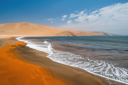 Breathtaking scenery of the vibrant orange sand beach meeting the ocean waves, with majestic dunes in the background, at the paracas national reserve