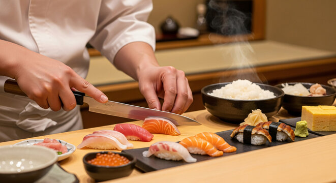 Japanese chef preparing assorted premium sushi on a wooden counter