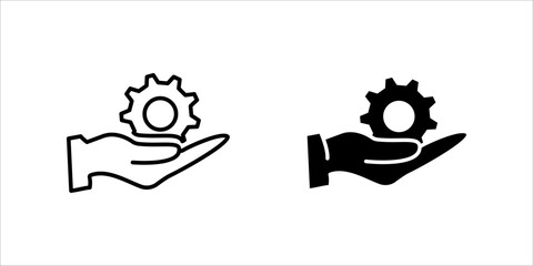 Hand Holding Gear Icon set A minimalist black silhouette icon of a hand holding a gear, symbolizing technical support,