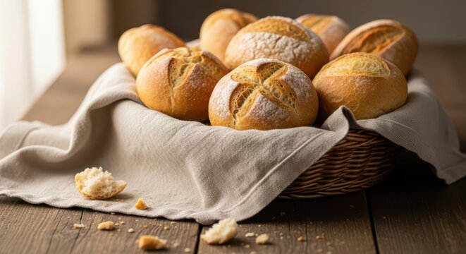 Basket of freshly baked bread rolls on wood