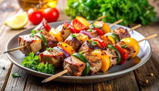Grilled meat & vegetable skewers on a plate, garnished with parsley, resting on aged wooden boards