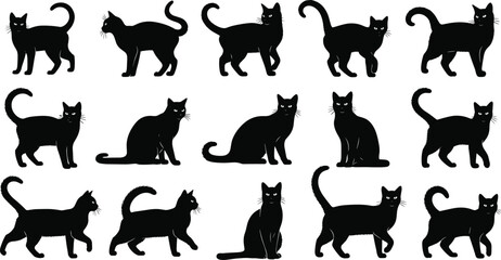Black cat silhouette collection, walking and sitting poses, detailed vector illustration of feline shapes for pet design, decoration, Halloween, and artwork