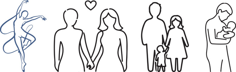 Line Art Illustrations of People and Family Celebrating Life