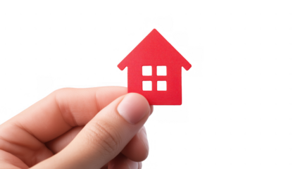 Hand holding a red house cutout for insurance, created with AI, PNG