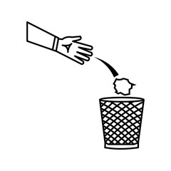hand-throwing-trash-into-bin-icon A clean black-and-white icon depicting a hand throwing a crumpled paper into a waste bin. Simple, minimalistic, and perfect for recycling, waste management, cleanline