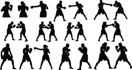 Boxing fighter silhouette collection, male and female athletes training, punching and sparring poses, black vector sports illustration for fitness design