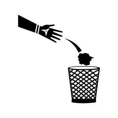 hand-throwing-trash-into-bin-icon A clean black-and-white icon depicting a hand throwing a crumpled paper into a waste bin. Simple, minimalistic, and perfect for recycling, waste management, cleanline