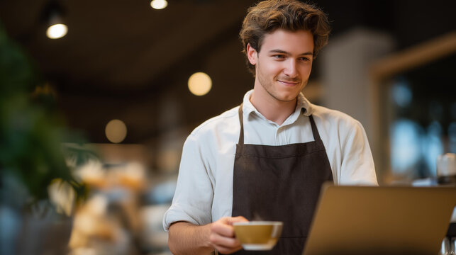 Barista serving coffee to person working on a laptop surrounded by fogged glass and gentle snowfall, representing comfort, productivity, and sustainable modern workspaces. cinematic color - Powered by Adobe