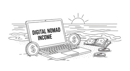 Obraz premium Laptop displaying 'Digital Nomad Income' on a beach with money and coins, symbolizing remote work and financial freedom.