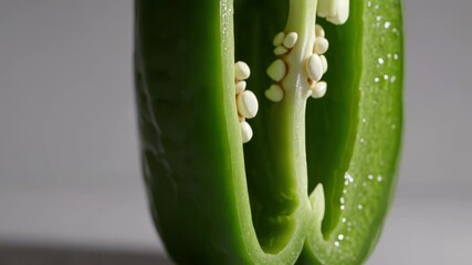 This video captures a close-up view of a fresh green bell pepper, showcasing its vibrant color and seeds within. Discover the unique textures and culinary potential of this popular vegetable.