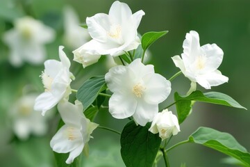 Obraz premium Close up of philadelphus blossoms, showcasing their delicate beauty and fresh spring bloom