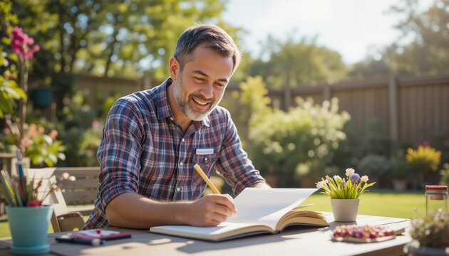 Happy man writing in garden during sunny day with flowers in background

