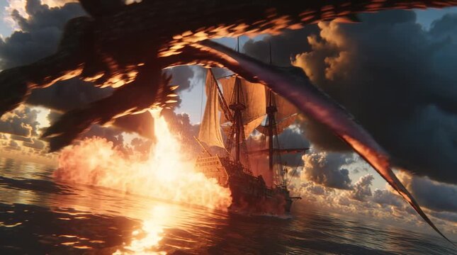 A massive dragon releases a firestorm directly onto a ship, igniting sails and tearing through wood. An epic moment of wrath and mythical destruction.
