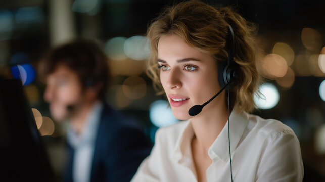 A global call center operating through different time zones, agents wearing headsets under soft LED lights as customer requests flow nonstop — 24/7 support service, multilingual assistance, and