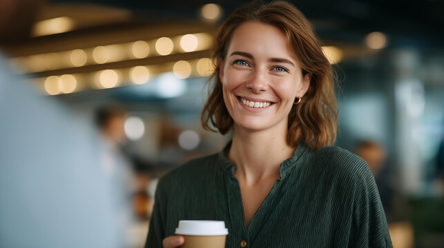 A friendly staff member in a coworking space welcoming a newcomer with a complimentary coffee while explaining the workspace amenities — collaborative professional culture, warm onboarding