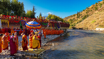 Aerial view of Global Peace Prayer Festival where monks from all over the world came to pray for peace, Thimphu, Thimphu, Bhutan.