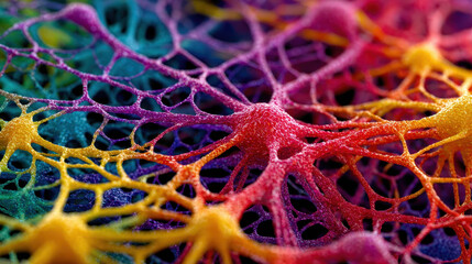 Colorful interconnected neural network pattern with vibrant red, yellow, and purple neurons and intricate web-like structures in a microscopic close-up view of brain cells.