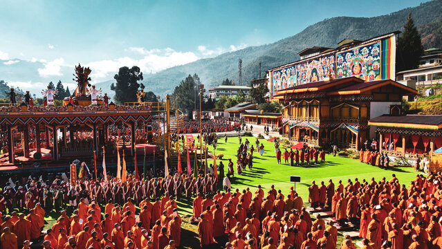 Aerial view of Global Peace Prayer Festival where monks from all over the world came to pray for peace, Thimphu, Thimphu, Bhutan.
