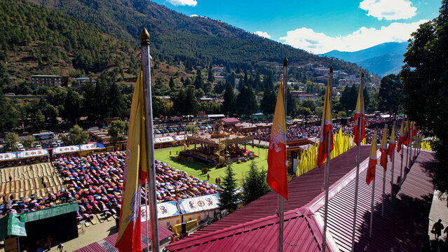 Aerial view of Global Peace Prayer Festival where monks from all over the world came to pray for peace, Thimphu, Thimphu, Bhutan.