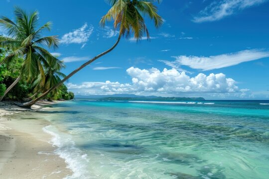Tropical beach with leaning palm trees, white sand, crystal clear turquoise water and blue sky with small clouds