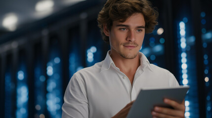 In a dimly lit server room glowing with blue LED light, a tech support crew maintains massive data servers, ensuring system reliability and cybersecurity. Technicians collaborate quietly, adjusting