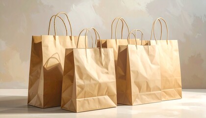 Group of tan paper shopping bags, some standing and some slightly behind, with rope handles, on a light surface