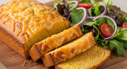 Sliced cornbread loaf with a fresh salad
