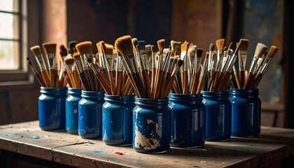 Group of paintbrushes in blue painted jars, clustered on a worn wooden table in a studio setting