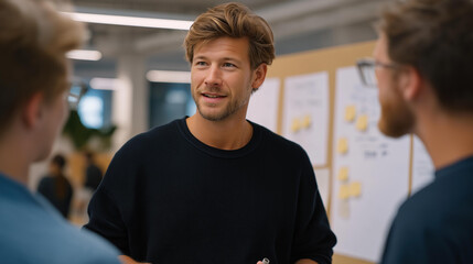 A manager facilitating a brainstorming session in a flexible workspace, encouraging diverse perspectives as the team sketches ideas on movable whiteboards — collaborative culture, problem-solving